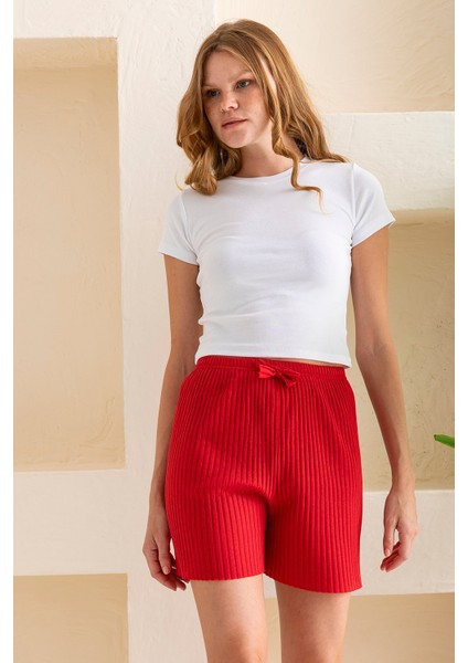 Kadın Fitilli Kaşkorse Süs Kuşaklı Şort Pijama Altı Kırmızı - 6131