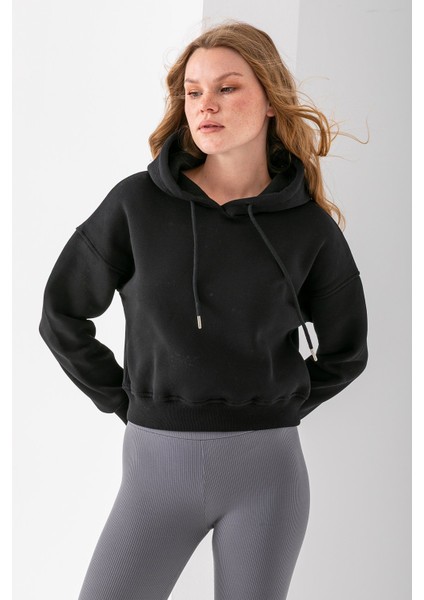Kadın Kapüşonlu 3ip Şardonlu Crop Sweatshirt Siyah - 2612
