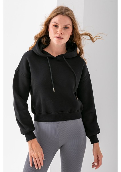 Kadın Kapüşonlu 3ip Şardonlu Crop Sweatshirt Siyah - 2612 fiyatları