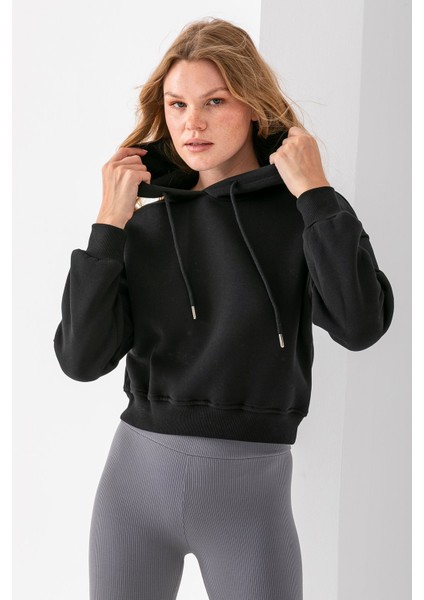 Kadın Kapüşonlu 3ip Şardonlu Crop Sweatshirt Siyah - 2612 modelleri