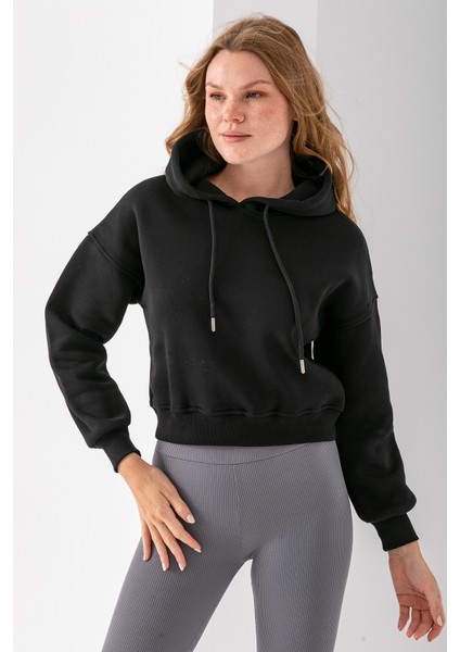 Kadın Kapüşonlu 3ip Şardonlu Crop Sweatshirt Siyah - 2612 fırsatları