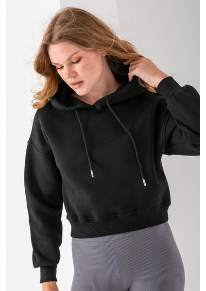 Kadın Kapüşonlu 3ip Şardonlu Crop Sweatshirt Siyah - 2612