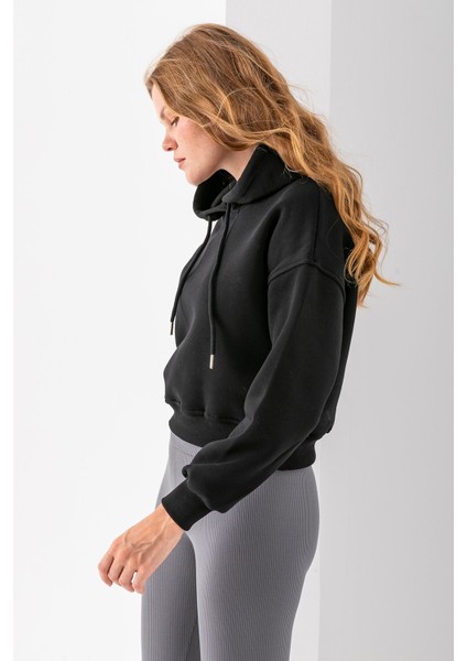 Kadın Kapüşonlu 3ip Şardonlu Crop Sweatshirt Siyah - 2612