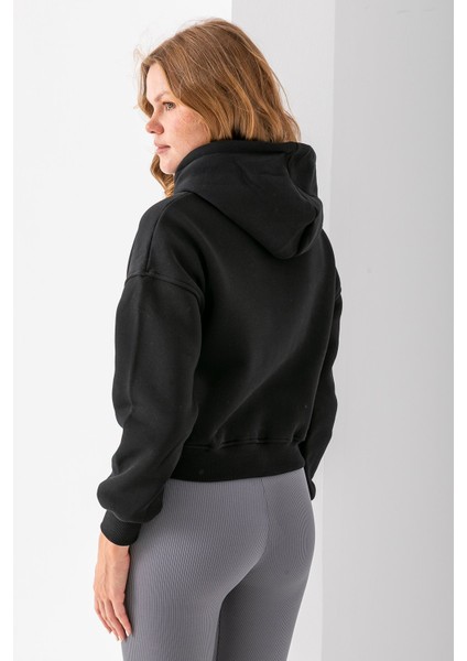 Kadın Kapüşonlu 3ip Şardonlu Crop Sweatshirt Siyah - 2612