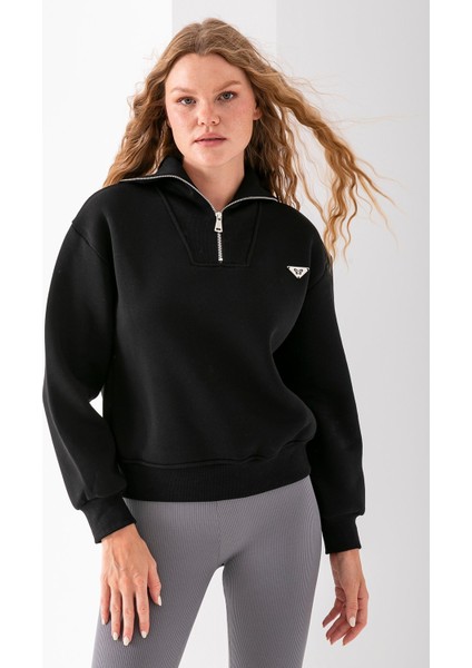 Kadın Dik Yaka Yarım Fermuarlı Kelebek Aksesuarlı 3ip Şardonlu Sweatshirt Siyah - 2663