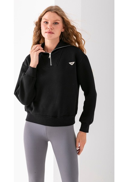 Kadın Dik Yaka Yarım Fermuarlı Kelebek Aksesuarlı 3ip Şardonlu Sweatshirt Siyah - 2663 fiyatları