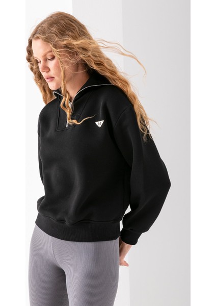 Kadın Dik Yaka Yarım Fermuarlı Kelebek Aksesuarlı 3ip Şardonlu Sweatshirt Siyah - 2663 fırsatları