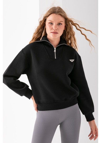 Kadın Dik Yaka Yarım Fermuarlı Kelebek Aksesuarlı 3ip Şardonlu Sweatshirt Siyah - 2663 indirimleri
