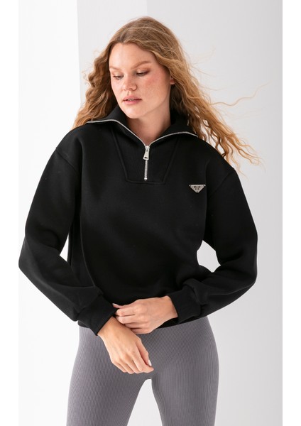 Kadın Dik Yaka Yarım Fermuarlı Kelebek Aksesuarlı 3ip Şardonlu Sweatshirt Siyah - 2663