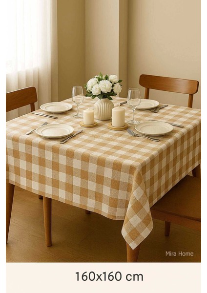 Fiber Kareli Masa Örtüsü Sofra Bezi Ekose Desen 160X160 cm Bej