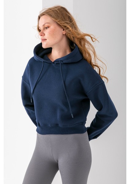 Kadın Kapüşonlu 3ip Şardonlu Crop Sweatshirt Lacivert - 2612