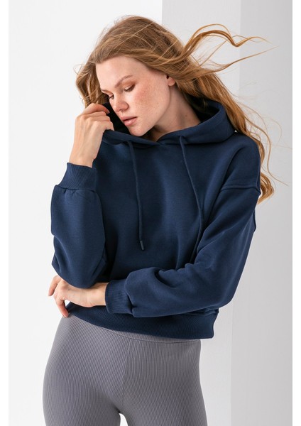 Kadın Kapüşonlu 3ip Şardonlu Crop Sweatshirt Lacivert - 2612