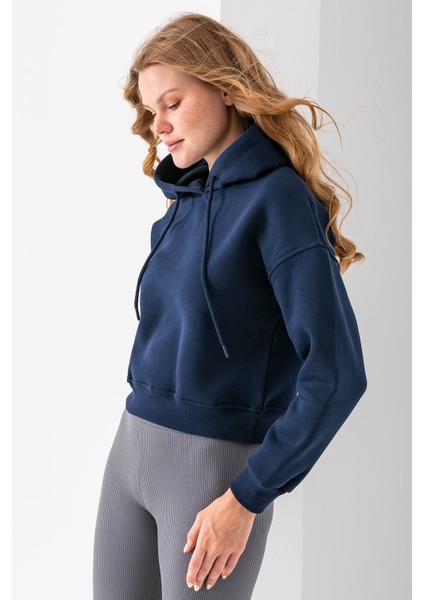 Kadın Kapüşonlu 3ip Şardonlu Crop Sweatshirt Lacivert - 2612 modelleri