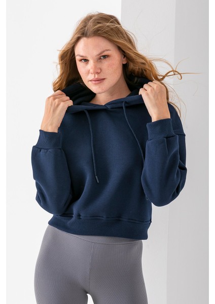 Kadın Kapüşonlu 3ip Şardonlu Crop Sweatshirt Lacivert - 2612 fırsatları