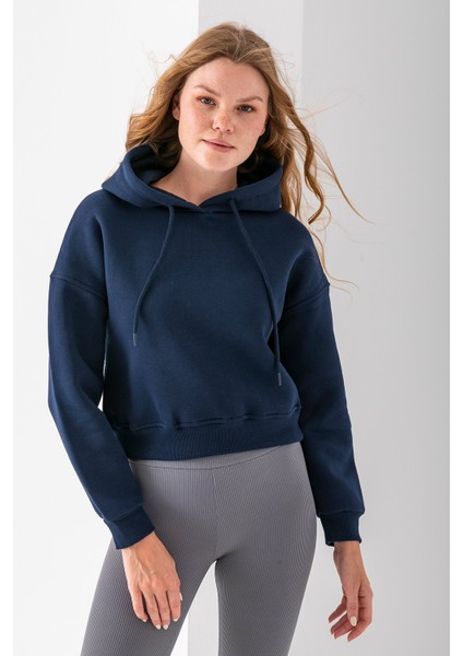 Kadın Kapüşonlu 3ip Şardonlu Crop Sweatshirt Lacivert - 2612