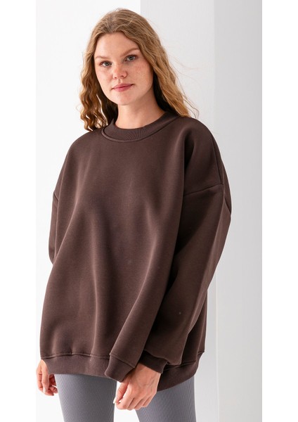 Kadın Bisiklet Yaka Oversize 3ip Şardonlu Basic Sweatshirt Kahverengi - 2662