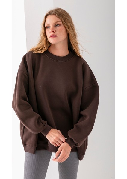 Kadın Bisiklet Yaka Oversize 3ip Şardonlu Basic Sweatshirt Kahverengi - 2662 fiyatları