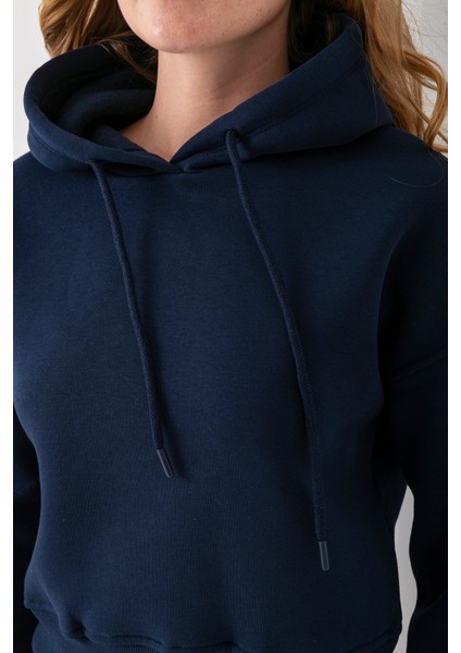 Kadın Kapüşonlu 3ip Şardonlu Crop Sweatshirt Lacivert - 2612