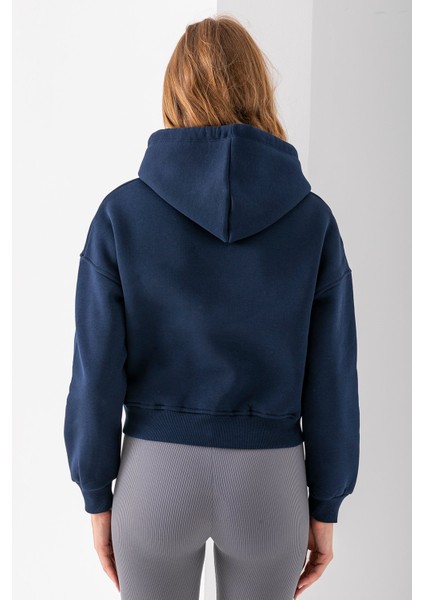 Kadın Kapüşonlu 3ip Şardonlu Crop Sweatshirt Lacivert - 2612