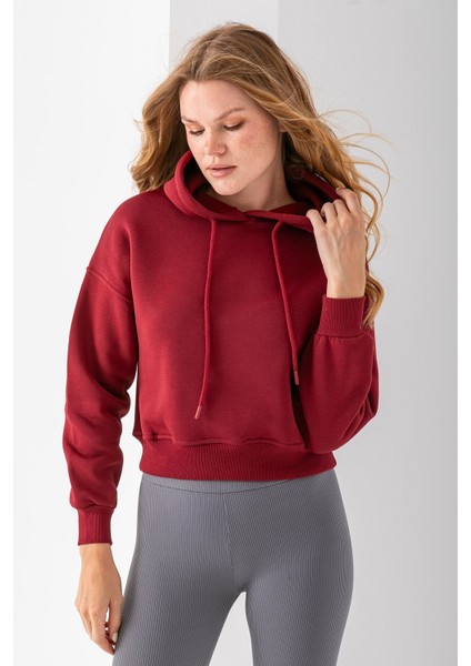 Kadın Kapüşonlu 3ip Şardonlu Crop Sweatshirt Bordo - 2612 modelleri