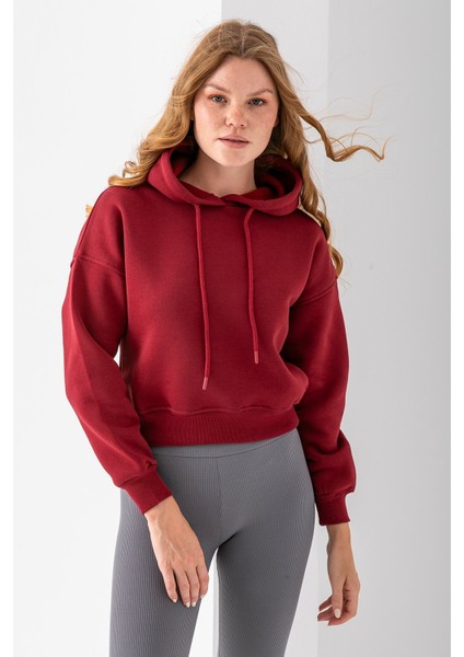 Kadın Kapüşonlu 3ip Şardonlu Crop Sweatshirt Bordo - 2612