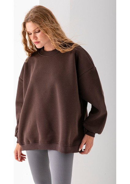 Kadın Bisiklet Yaka Oversize 3ip Şardonlu Basic Sweatshirt Kahverengi - 2662 modelleri