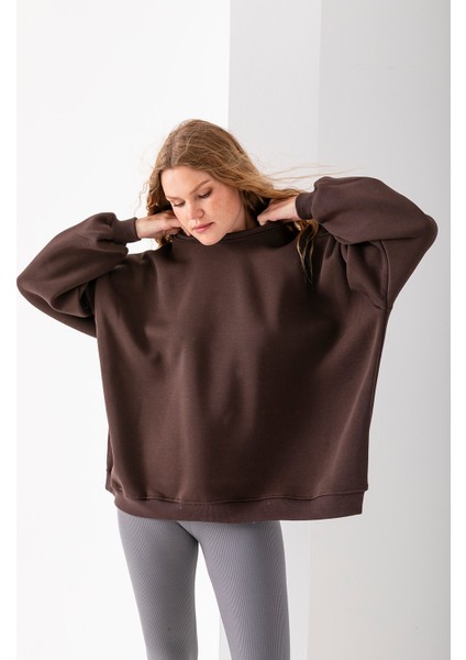 Kadın Bisiklet Yaka Oversize 3ip Şardonlu Basic Sweatshirt Kahverengi - 2662 fırsatları