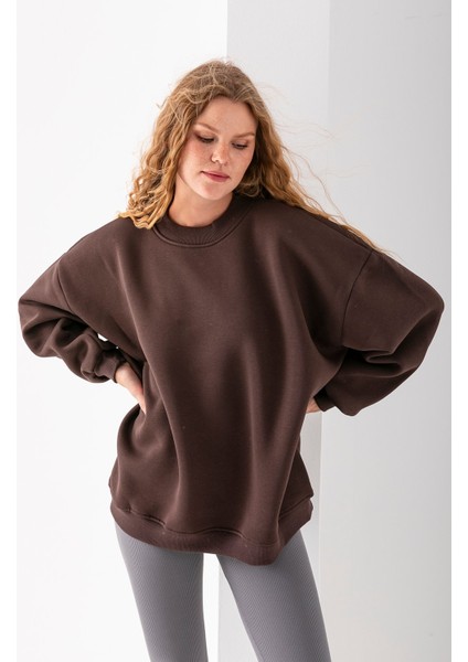 Kadın Bisiklet Yaka Oversize 3ip Şardonlu Basic Sweatshirt Kahverengi - 2662 indirimleri