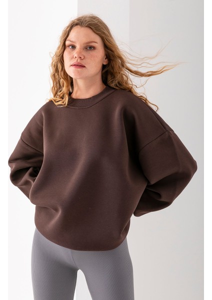 Kadın Bisiklet Yaka Oversize 3ip Şardonlu Basic Sweatshirt Kahverengi - 2662