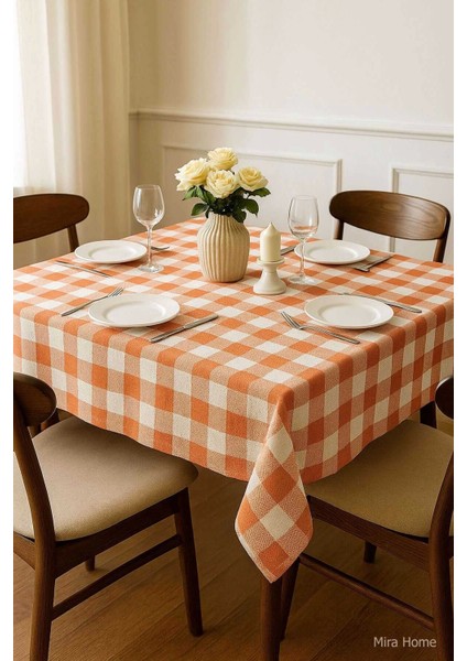 Fiber Kareli Masa Örtüsü Sofra Bezi Ekose Desen 160X160 cm Turuncu