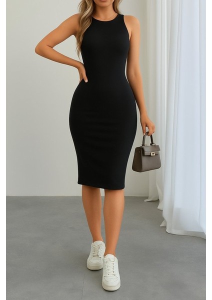 Kadın Omuzlardan Açık Bisiklet Yaka Janjan Krep Elbise