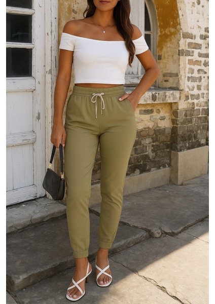 Kadın Kısa Kollu Madonna Yaka Viskon Crop Bluz Cepli Iki Iplik Eşofman Takım