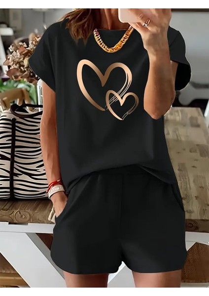 Kadın Kısa Kollu Bisiklet Yaka Viskon Iki Iplik Bluz ve Short Ikili Takım