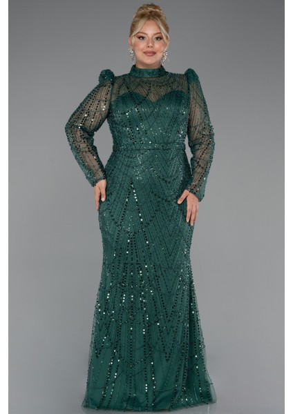 Uzun Kol Taşlı Büyük Beden Abiye ABU4527