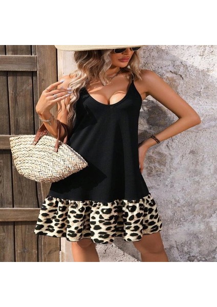 Kadın Ip Askılı Yuvarlak Yakalı Leopar Detaylı Elbise fiyatları