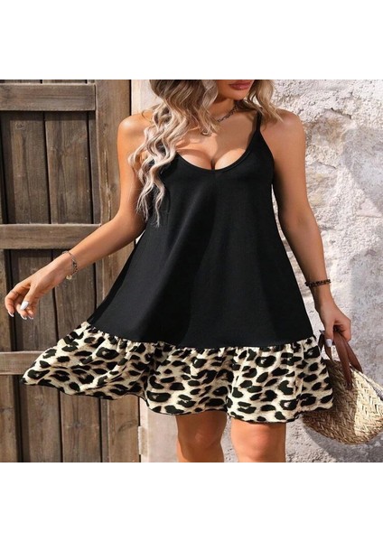 Kadın Ip Askılı Yuvarlak Yakalı Leopar Detaylı Elbise fırsatları