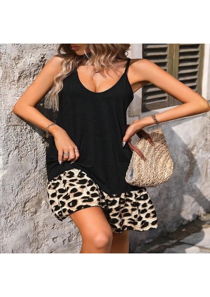 Kadın Ip Askılı Yuvarlak Yakalı Leopar Detaylı Elbise indirimleri