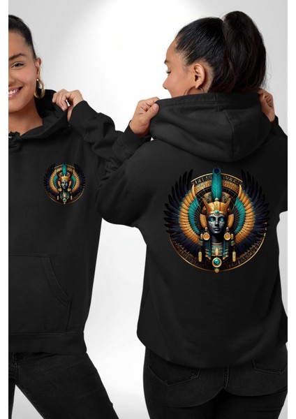 Maat Hakikat, Adalet ve Kozmik Denge Tanrıçası Siyah Kapüşonlu Sweatshirt Kadın Erkek Ön Minimal Sırt Baskılı