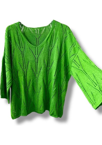 Oversize Ajurlu Merserize Triko Bluz Kadın V Yaka-Yeşil fiyatları