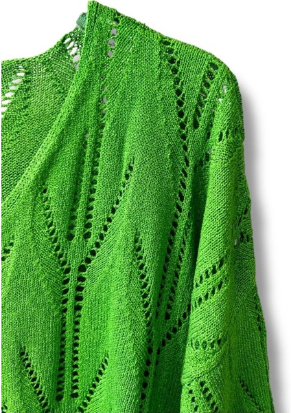 Oversize Ajurlu Merserize Triko Bluz Kadın V Yaka-Yeşil modelleri