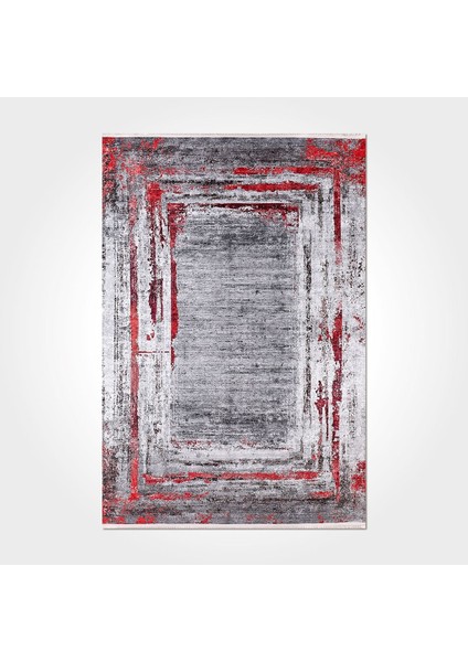 Allison Çerçeveli Gri Polyester Kare Modern Desenli Pamuk Makinada Yıkanabilir Hav Toz Vermez Leke Tutmayan Kaymaz Taban Dijital Makine Baskı Salon Yolluk Mutfak Halı