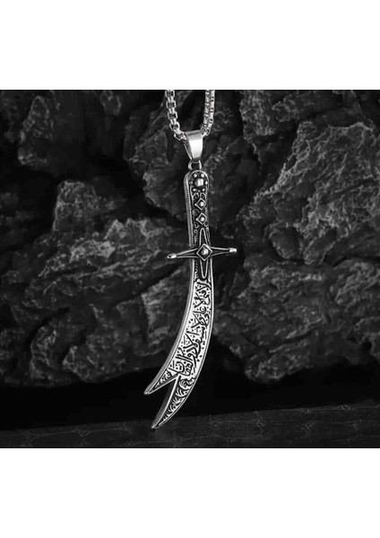 Zülfikar Model Işlemeli Geleneksel Tasarım Hz. Ali Kılıcı Zülfikar Kılıç Çelik Kolye