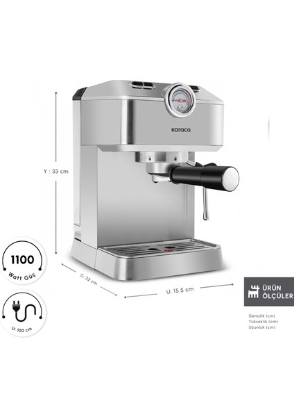 Coffee Art 1101 Süt Köpürtücülü, 20 Bar Basınçlı, Espresso, Latte, Cappuccino, Americano Makinesi 1,5l Inox fiyatları