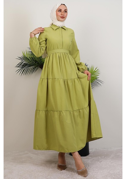 Standart Yaka Düğmeli Elbise Fıstık Yeşil