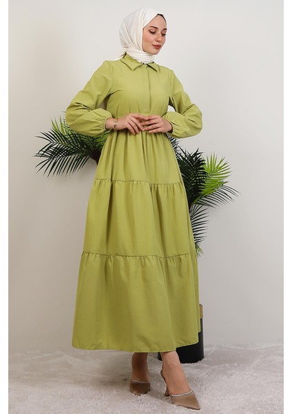 Standart Yaka Düğmeli Elbise Fıstık Yeşil fiyatları