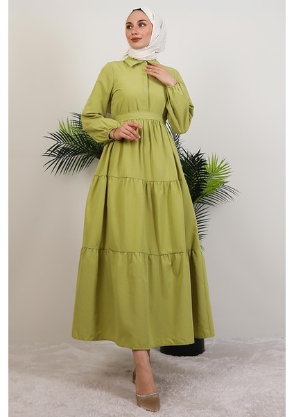 Standart Yaka Düğmeli Elbise Fıstık Yeşil modelleri