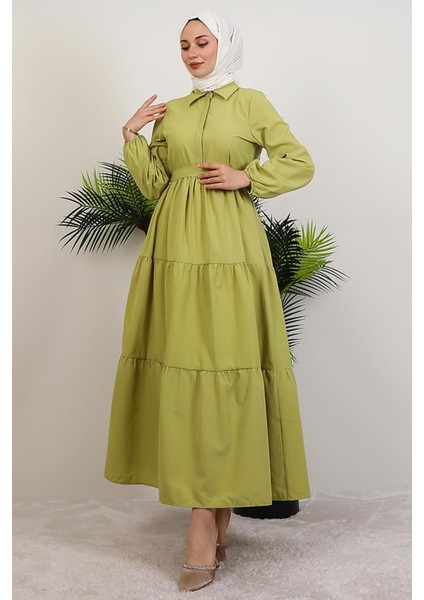 Standart Yaka Düğmeli Elbise Fıstık Yeşil fırsatları