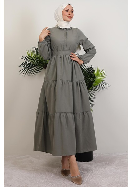 Standart Yaka Düğmeli Elbise Gri
