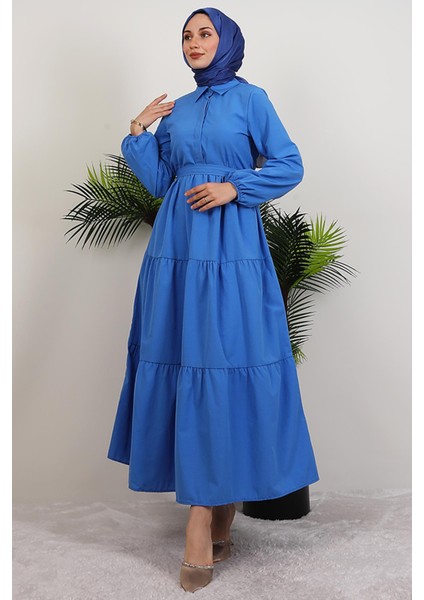 Standart Yaka Düğmeli Elbise Saks