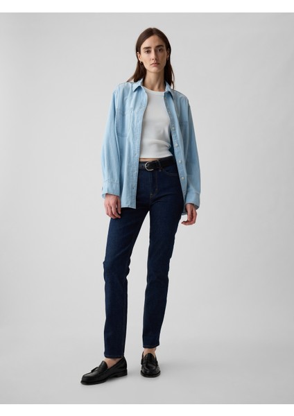 Kadın Lacivert Mid Rise Vintage Slim Jean Pantolon